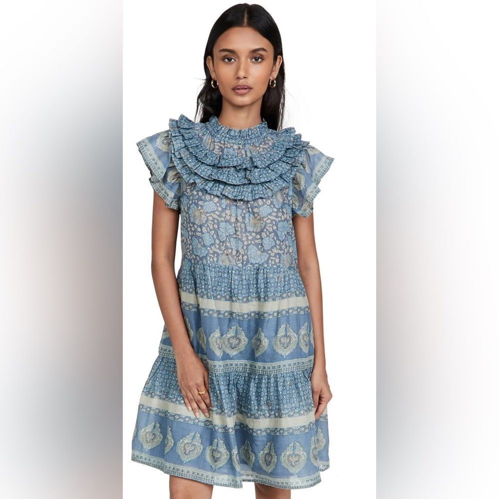 Sea New York Margot Border Tiered Dress with Ruffle Collar